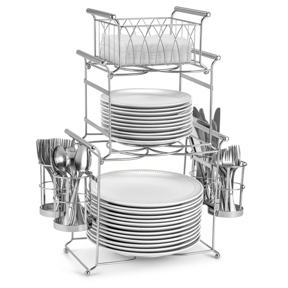 Sorbus Buffet Caddy – 7-Piece Stackable Set with Plate, Napkin & Silverware Holder, 3-Tier Detachable Tabletop Organizer for Kitchen, Dining, and Entertaining, Silver