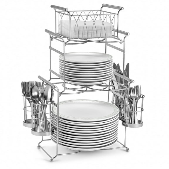 Sorbus Buffet Caddy 7-Piece Stackable Set with Plate, Napkin & Silverware Holder, 3-Tier Detachable Tabletop Organizer for Kitchen, Dining, and Entertaining, Silver
