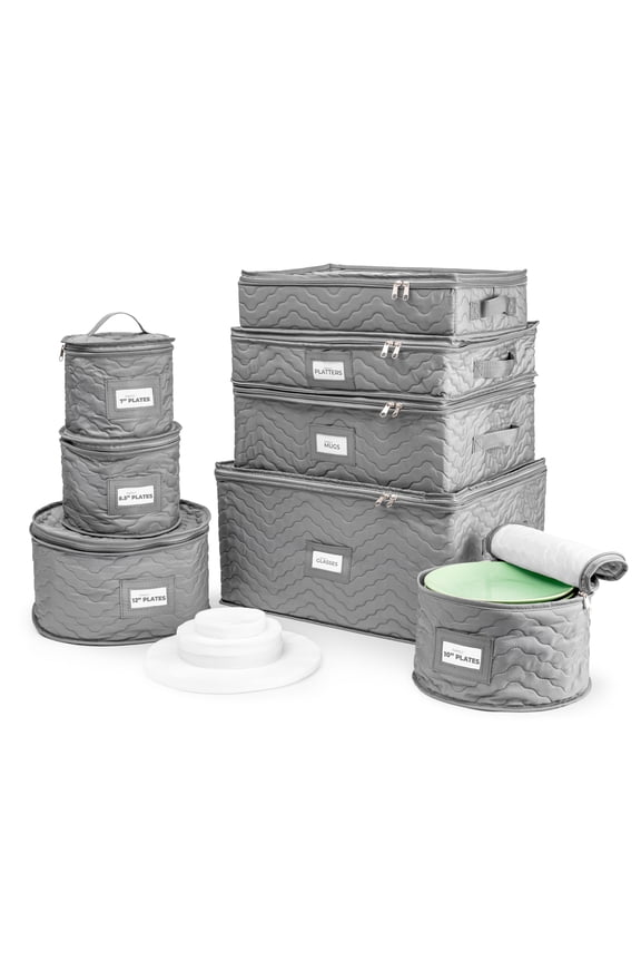 China Storage Containers (Quilted) - Glass & Dish Storage Containers for Transport, Moving, Party - 8 Pc Stackable Plate Storage Set for Dinnerware, Mugs, Cups - Felt Plate Protectors Included