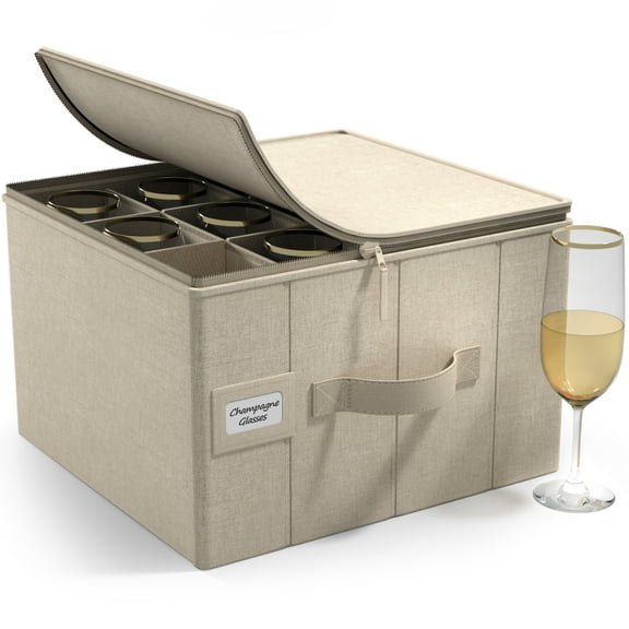 Sorbus China Storage Containers for Champagne Flute Glasses with Lid Dinnerware Organizer Holds Service for 12 with Felt Protectors, Beige