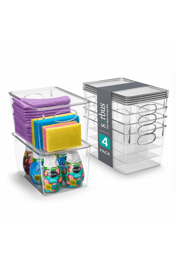 Cleaning Supplies Clear Storage Containers with Lids for Organizing Under the Sink Bathroom Essentials Bins - 4 Pk
