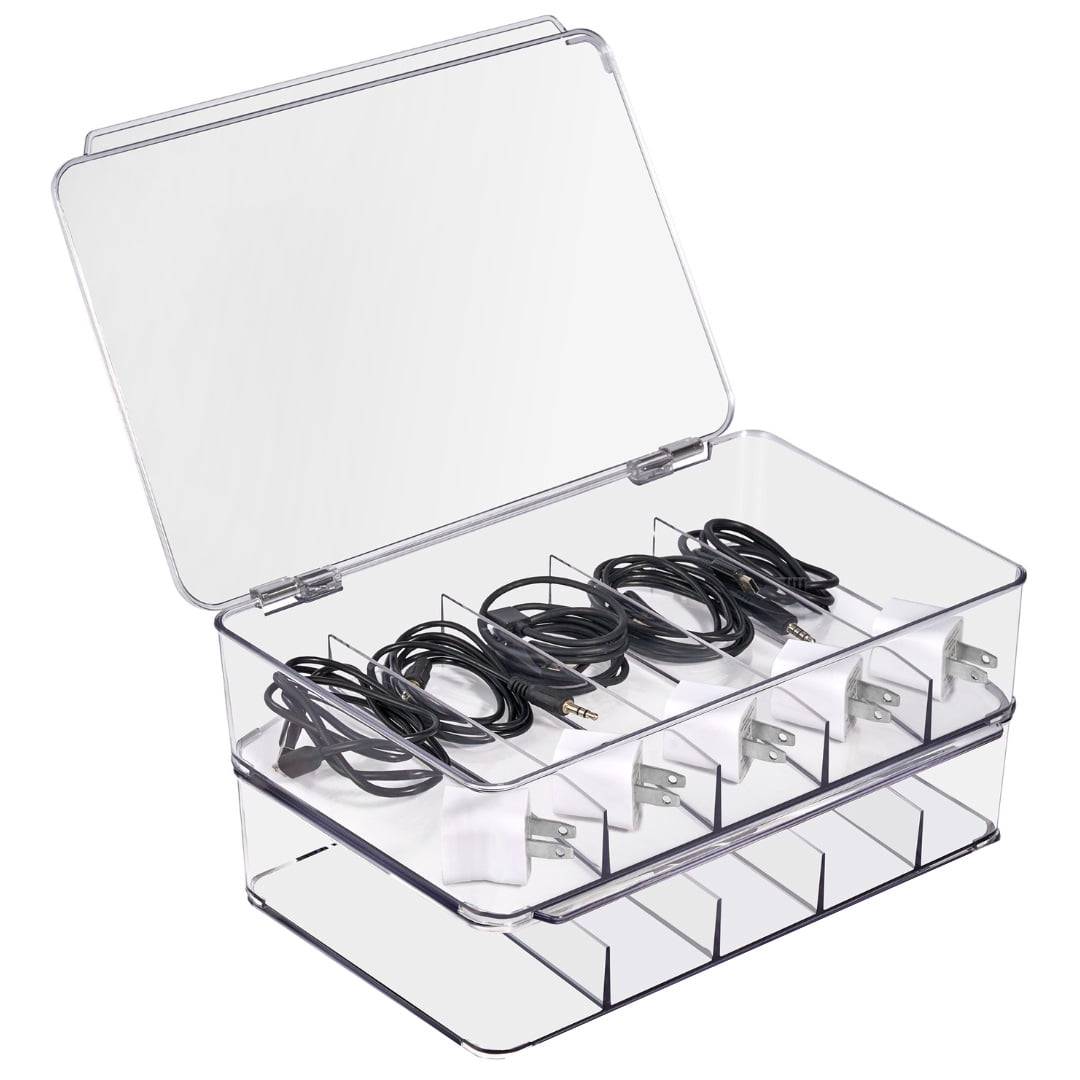 Sorbus Clear Cable Organizer Boxes with Lids, 2 Pack, for Chargers & Accessories