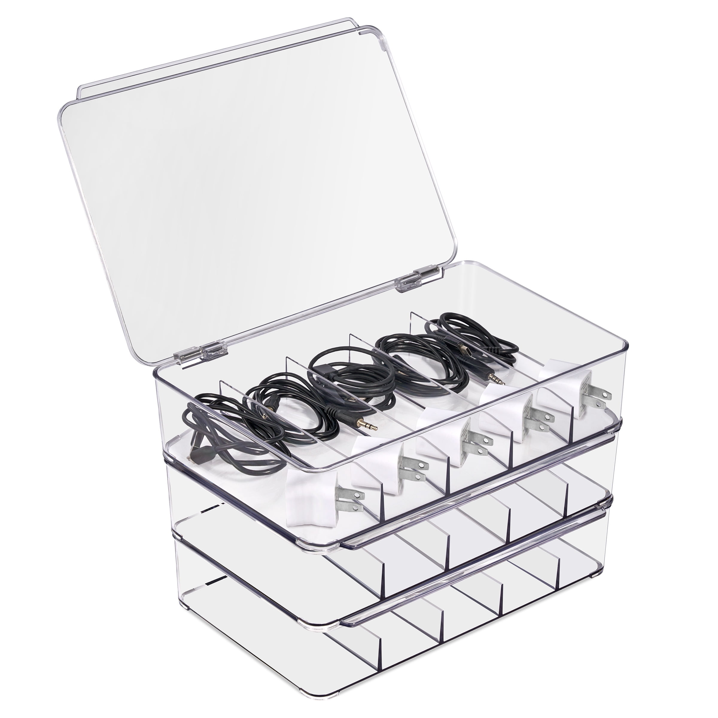 Sorbus Clear Cable Organizer Boxes with Lids, 3 Pack, for Chargers & Accessories