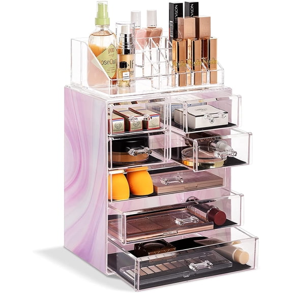 Sorbus Clear Cosmetic Makeup Organizer - Make Up & Jewelry Storage, Case & Display - Spacious Design - Great Holder for Dresser, Bathroom, & Vanity (3 Large, 4 Small Drawers, Tie Dye Print]