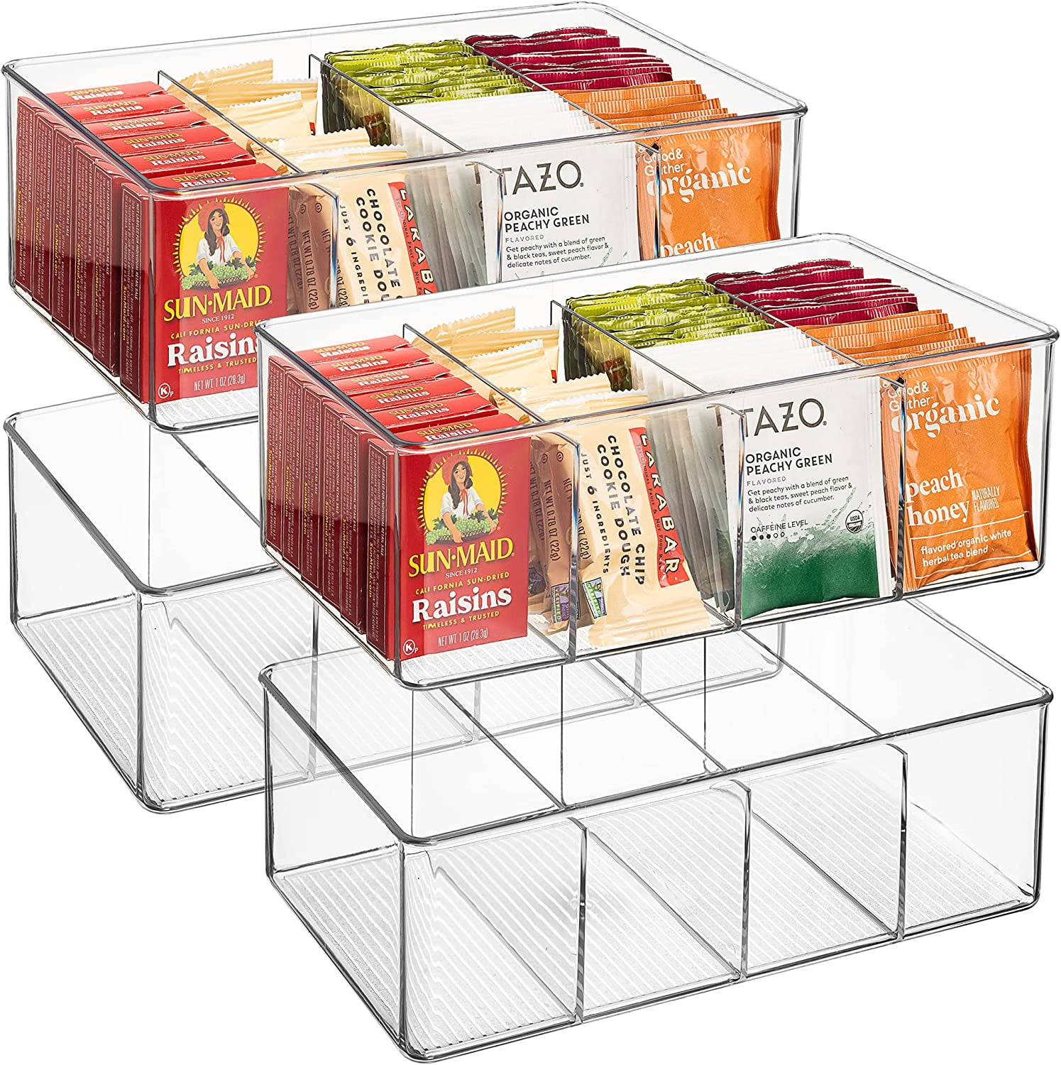 Sorbus Clear Pantry Bins with Dividers, Plastic Organizers for Tea, Spices & Snacks, 4 Pack