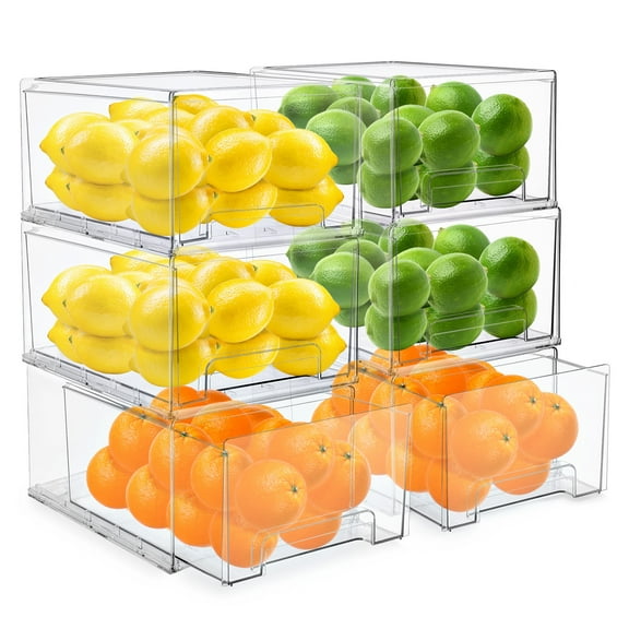 Sorbus Clear Stackable Pull-Out Fridge Organizer Bins, Large 6-Pack