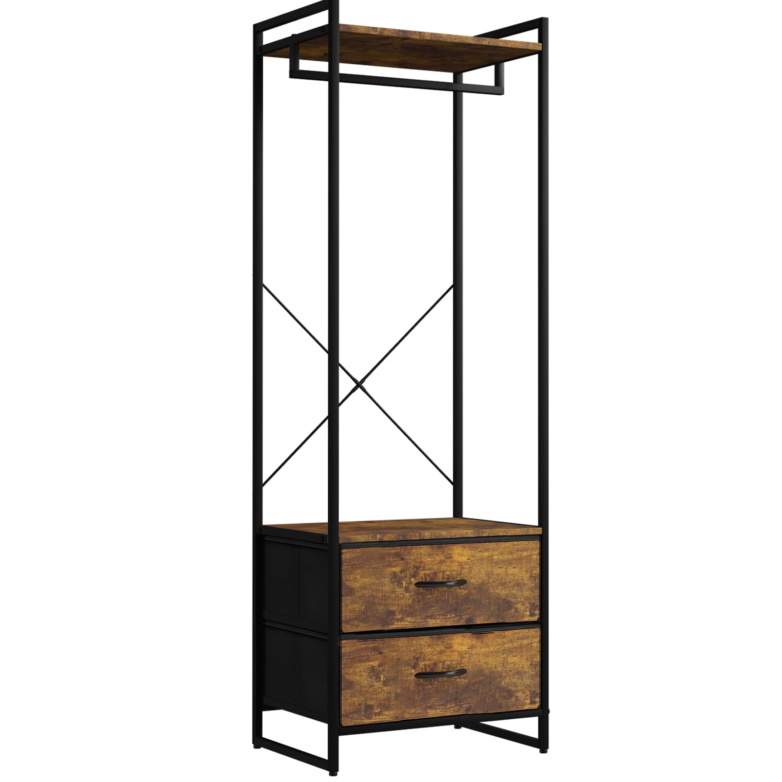 Portable Black Steel and Wood Garment Rack with Drawers