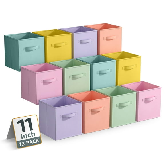 Sorbus Collapsible Fabric Cube Storage Bins (10.5" x 10.5"), 12 Pack, Pastel Multicolor