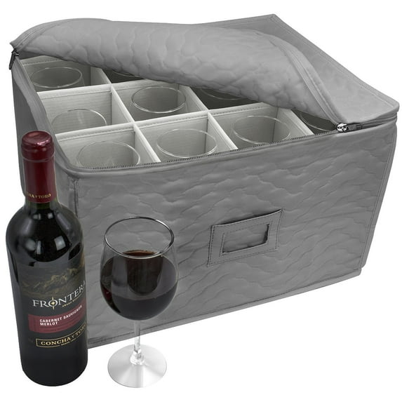 Sorbus Deluxe Stemware Storage - Quilted Gray Case for 12 - Protects and Transports Glasses & Flutes