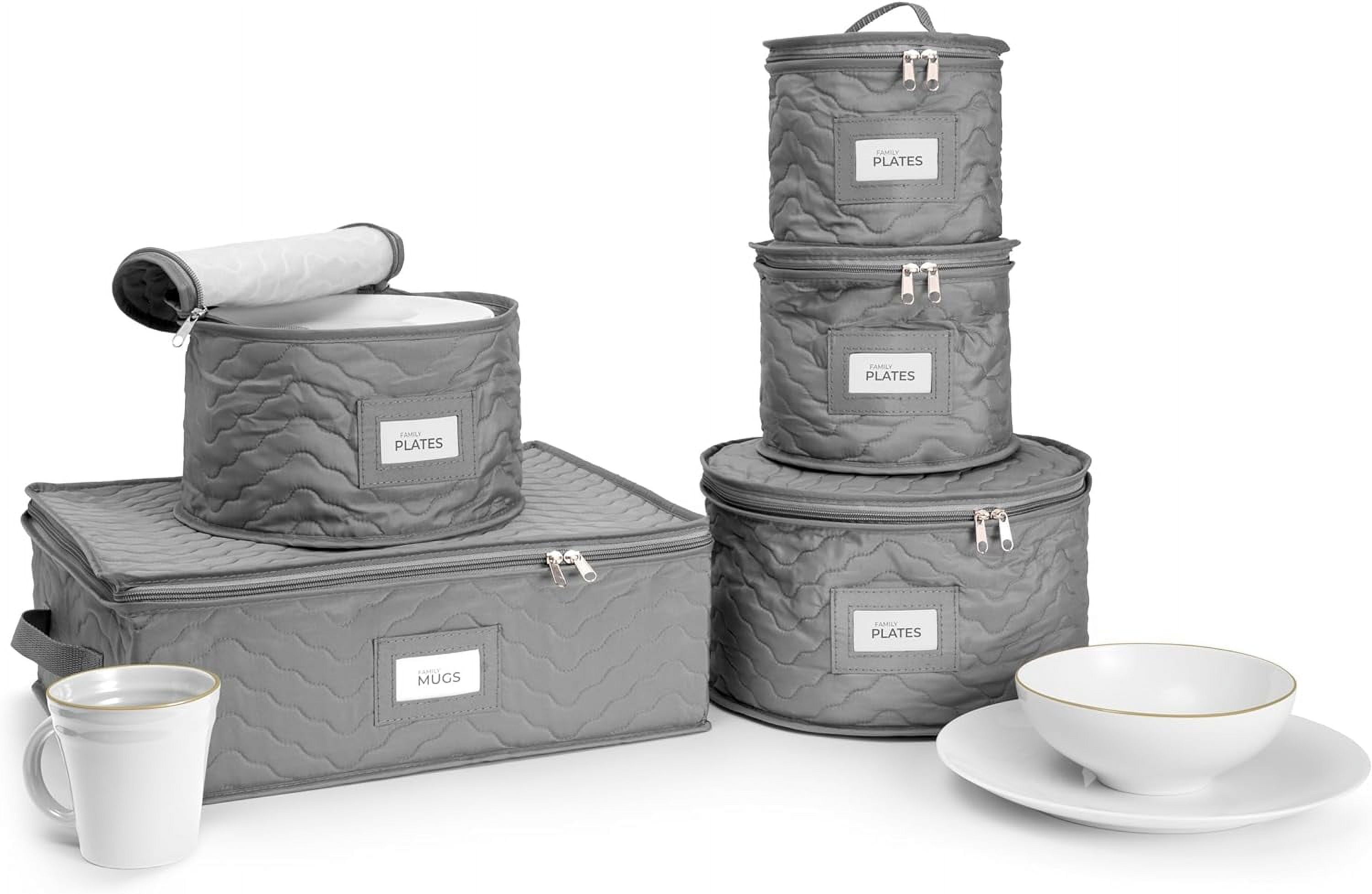 Gray Quilted Dinnerware Storage Set for Plates and Cups