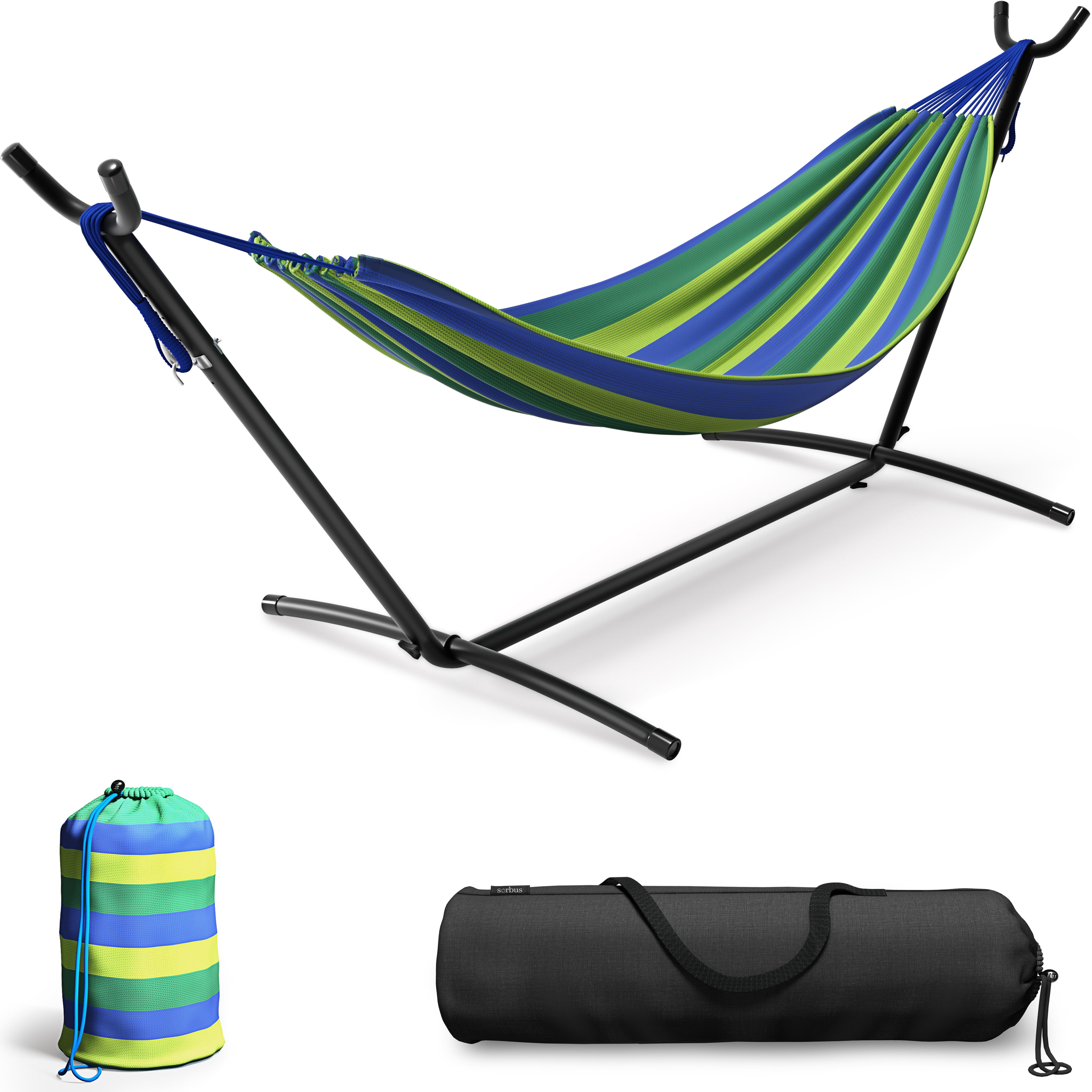 Sorbus Double Hammock w/ Steel Stand, Carry Case, 6 Tension Levels, 450 lb Capacity, Indoor/Outdoor Blue/Green