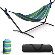 Sorbus Double Hammock w/ Steel Stand, Carry Case, 6 Tension Levels, 450 lb Capacity, Indoor/Outdoor Blue/Green