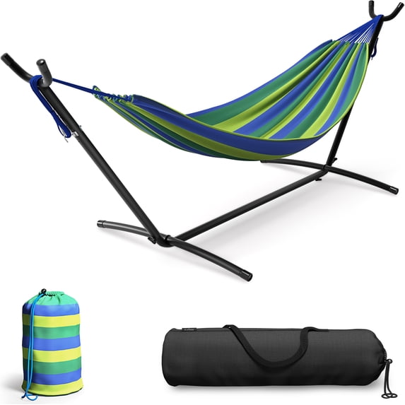 Sorbus Double Hammock w/ Steel Stand, Carry Case, 6 Tension Levels, 450 lb Capacity, Indoor/Outdoor Blue/Green