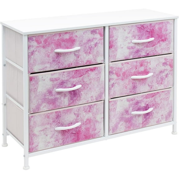 Sorbus Dresser with 6 Drawers - Furniture Storage Chest Tower Unit for Bedroom, Hallway, Closet, Office Organization - Steel Frame, Wood Top, Tie-dye Fabric Bins (6-Drawer, Pink)