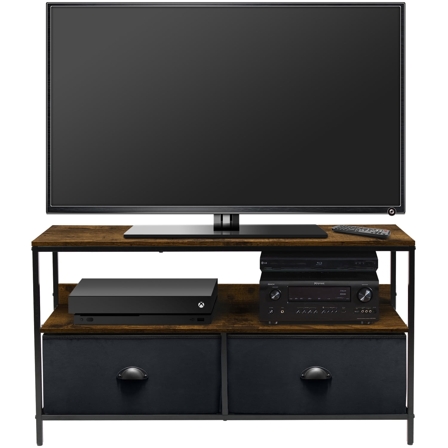 Sorbus Dresser Drawer TV Stand with Fabric Storage Bins, Steel Frame, Wood Top, Black Wood