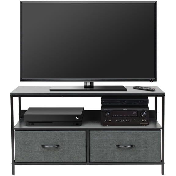 Sorbus Dresser Drawer TV Stand with Fabric Storage Bins, Steel Frame, Wood Top, Black