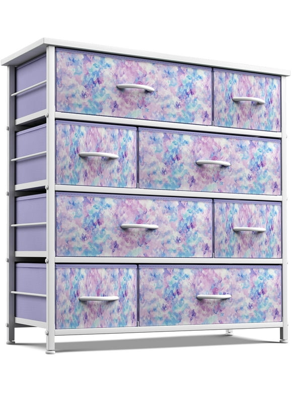 Sorbus Dresser for Kids Bedroom 8 Drawers - Storage Organizer Closet Furniture Chest for Girls & Boys, Nursery, Playroom, Clothes, Toys - Steel Frame, Wood Top, Tie-dye Fabric Bins (Tie-dye Purple)