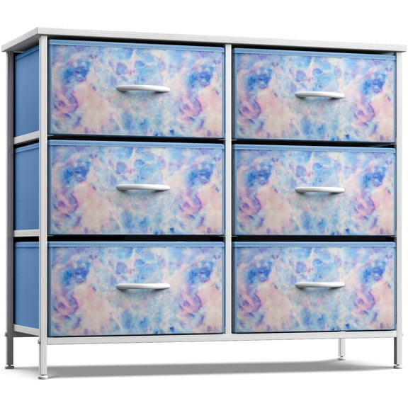 Sorbus Dresser with 6 Drawers - Furniture Storage Chest Tower Unit for Bedroom, Hallway, Closet, Office Organization - Steel Frame, Wood Top, Tie-dye Fabric Bins (6-Drawer, Pink/Blue)