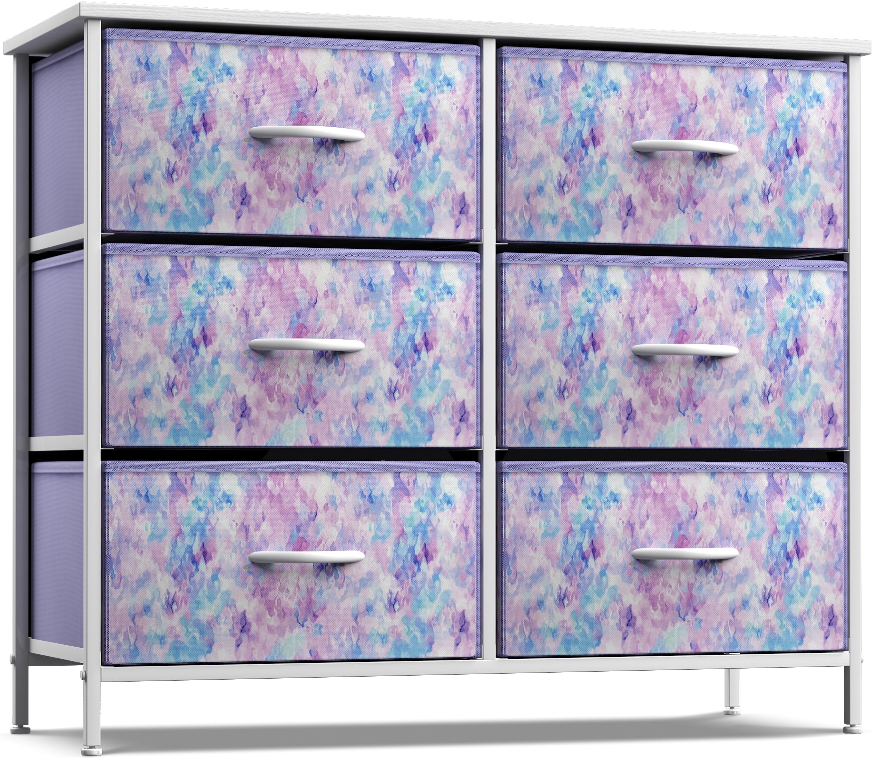 Sorbus Dresser with 6 Drawers - Furniture Storage Chest Tower Unit for Bedroom, Hallway, Closet, Office Organization - Steel Frame, Wood Top, Tie-dye Fabric Bins (6-Drawer, Blue/Pink/Purple)