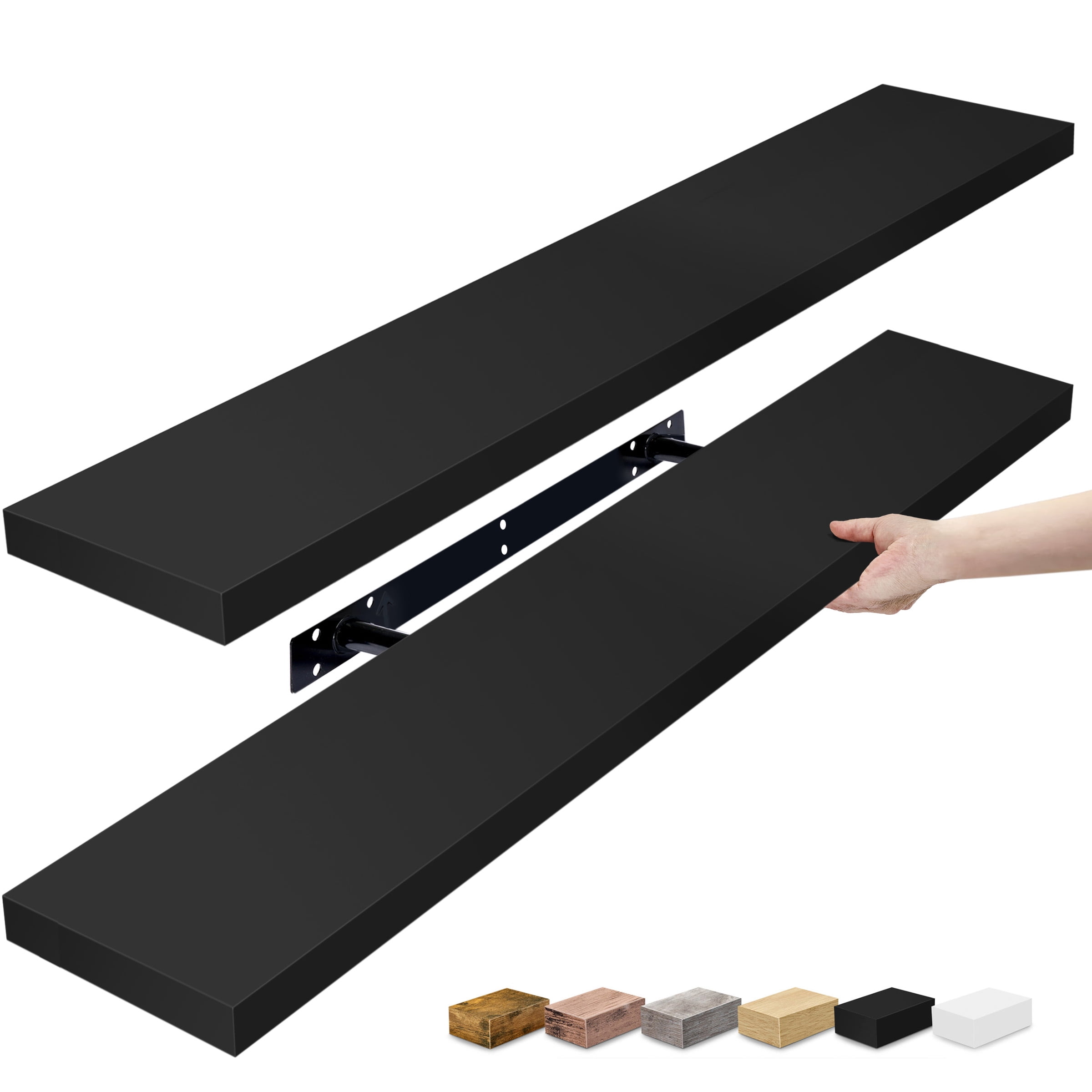 Black Wood 35" Floating Wall Shelves with 2 Tiers