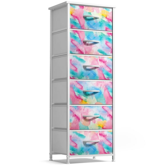 Sorbus 6-Drawer Fabric Dresser for Kids - Tall Storage Tower, Closet Organizer with Steel Frame & Wood Handles for Nursery, Playroom & Bedroom, Tie-Dye Rainbow