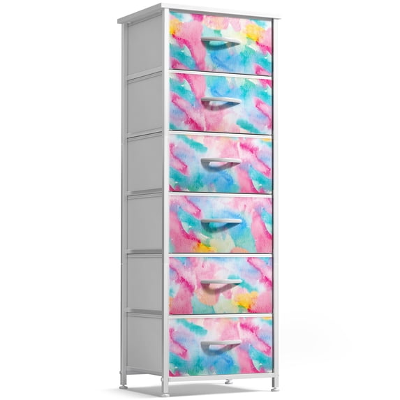 Sorbus 6-Drawer Fabric Dresser for Kids - Tall Storage Tower, Closet Organizer with Steel Frame & Wood Handles for Nursery, Playroom & Bedroom, Tie-Dye Rainbow