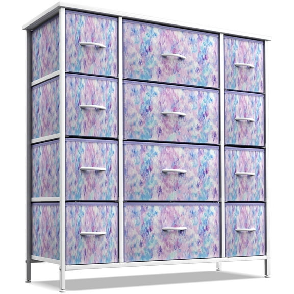 Sorbus Fabric Dresser for Kids Bedroom - Large Chest with 12 Drawers, Tie-dye Colors (Purple)