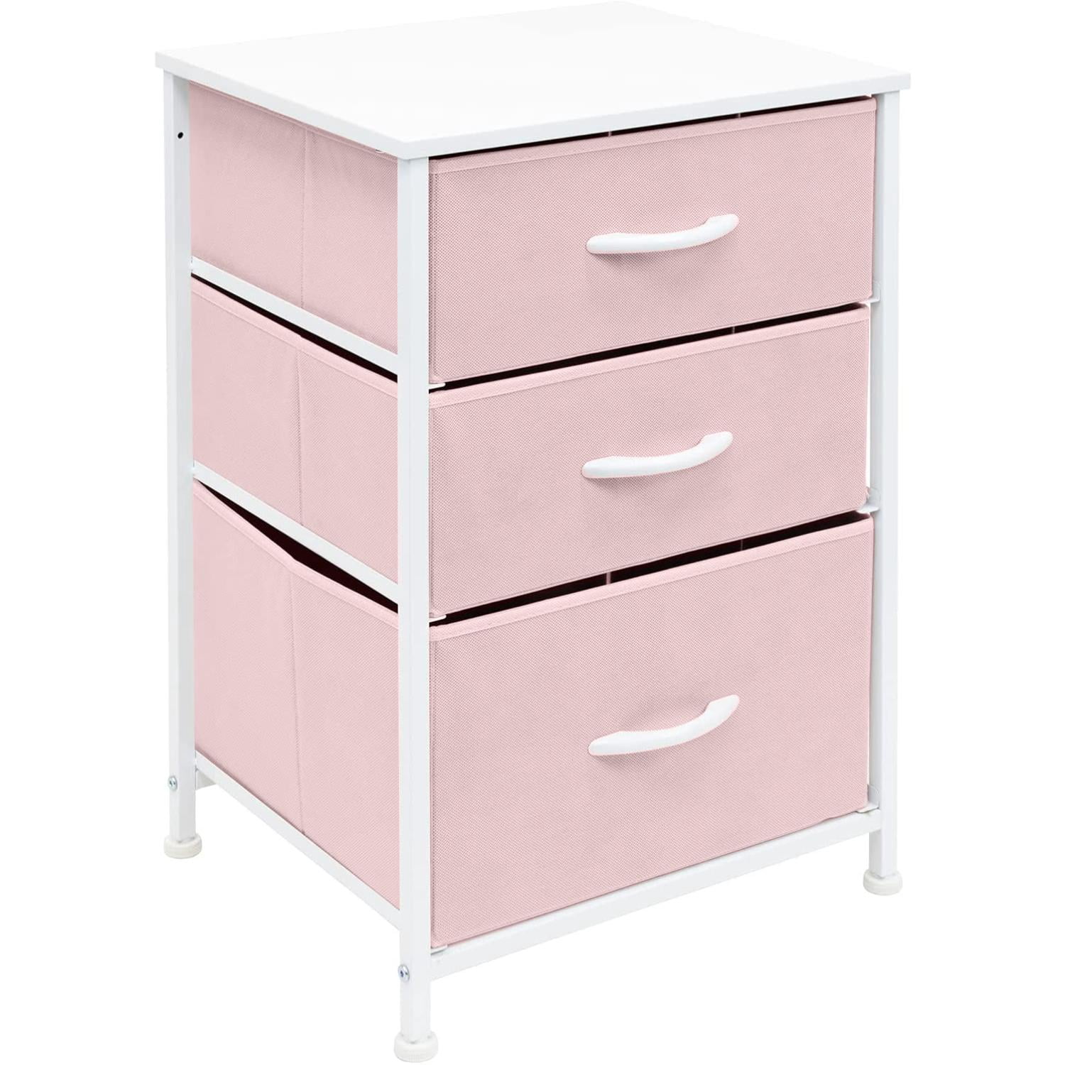 Sorbus Fabric Nightstand, 3 Drawers with Wood Top and Steel Frame, Pink