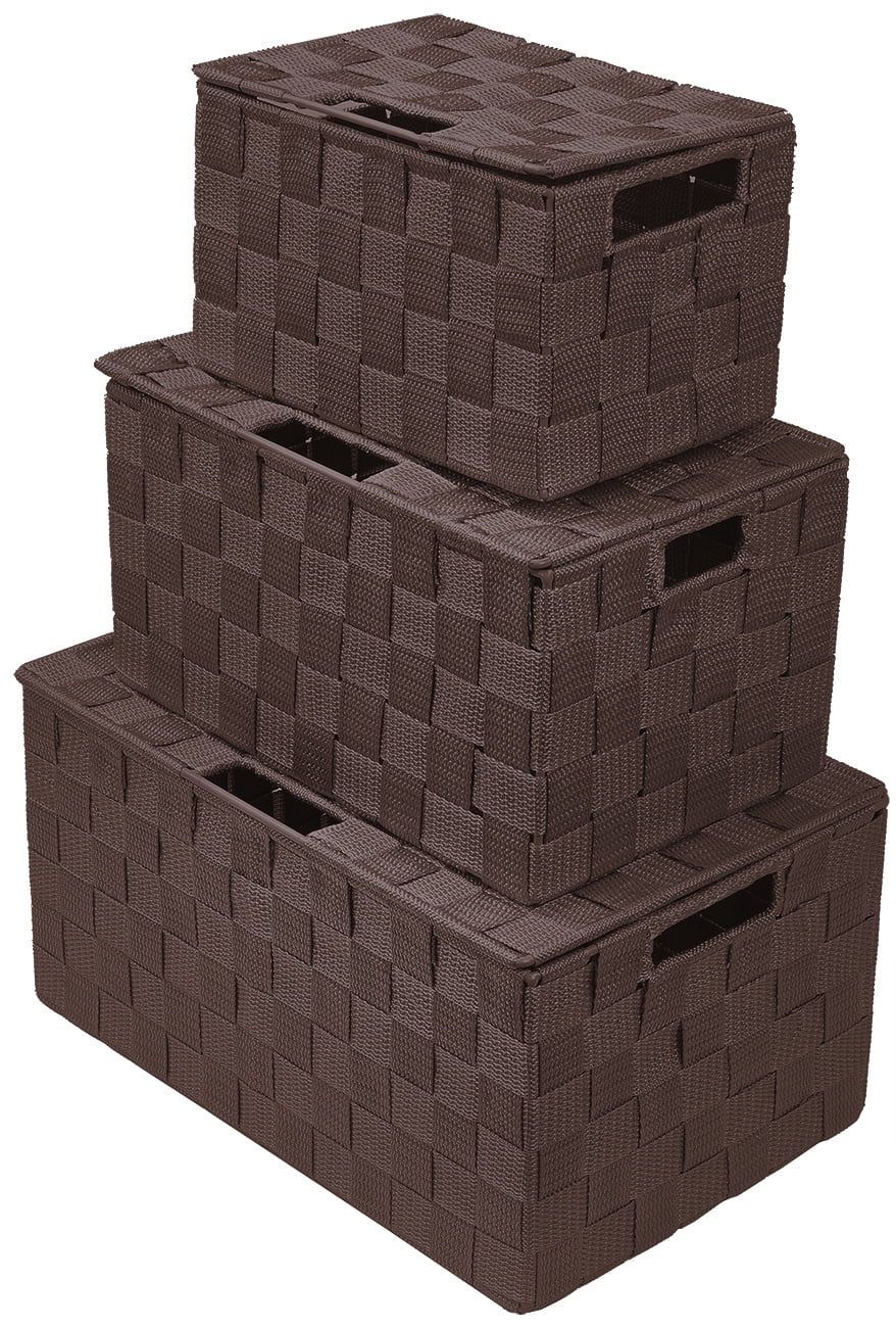 Brown Woven Polypropylene Stackable Storage Basket Set with Lids