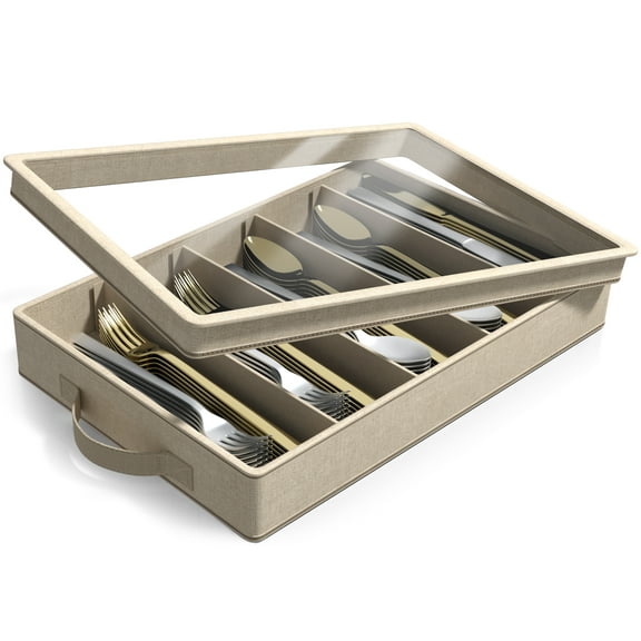 Sorbus Flatware Storage Case with Clear Lid, Great Fabric Container Box Chest for Organizing Utensils, Silverware, Flatware, Large Capacity, Beige
