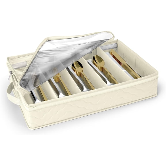 Sorbus Flatware & Utensil Storage - Gray Fabric Chest Box for and Organizing Utensils, Silverware, Flatware, Cutlery Silverware Organizer Container with Zipper Clear Lid Adjustable Divider