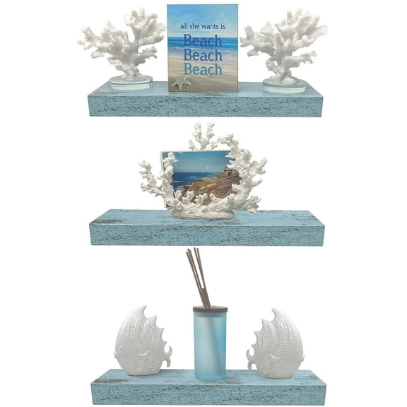 Sorbus 16.25" Blue Rustic Floating Shelves (Set of 3) – Wall Storage for Décor, Frames, Trophies