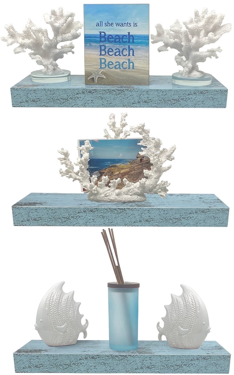 Sorbus 16.25" Blue Rustic Floating Shelves (Set of 3) – Wall Storage for Décor, Frames, Trophies