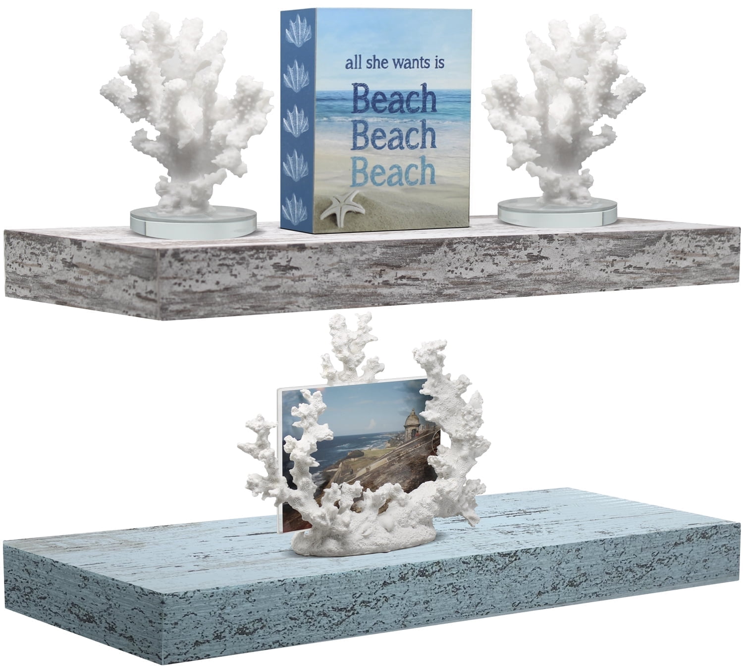Sorbus 16.25" Blue White Rustic Floating Shelves (Set of 2) – Wall Storage for Décor, Frames, Trophies