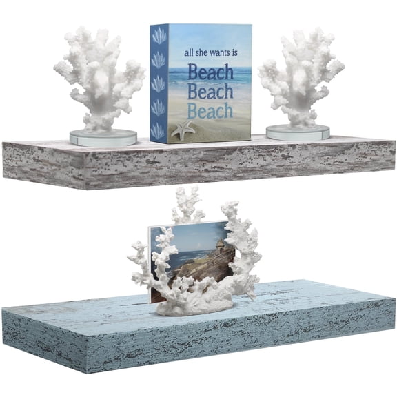 Sorbus 16.25" Blue White Rustic Floating Shelves (Set of 2) – Wall Storage for Décor, Frames, Trophies