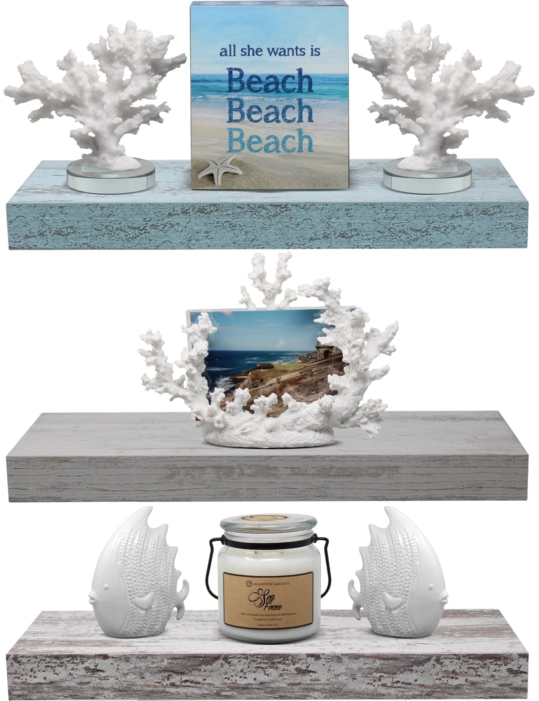 Rustic Blue, Gray, White Wood Floating Accent Shelf Set