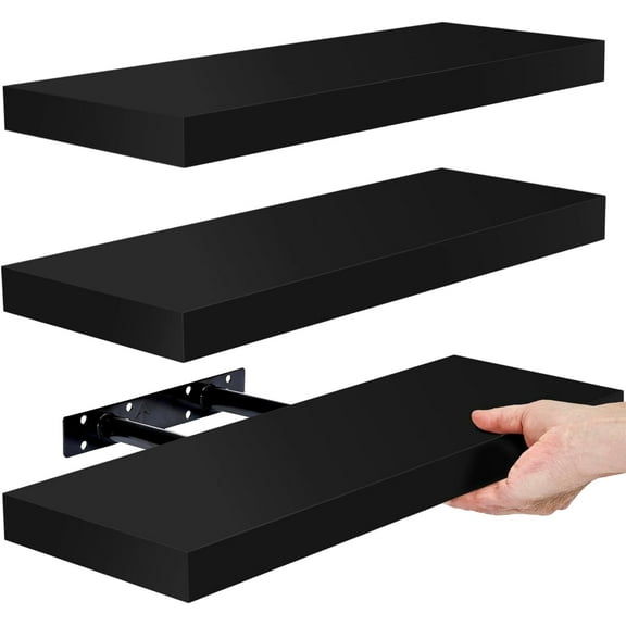 Sorbus 16.25" Black Floating Shelves (Set of 3) – Wall Storage for Décor, Frames, Trophies