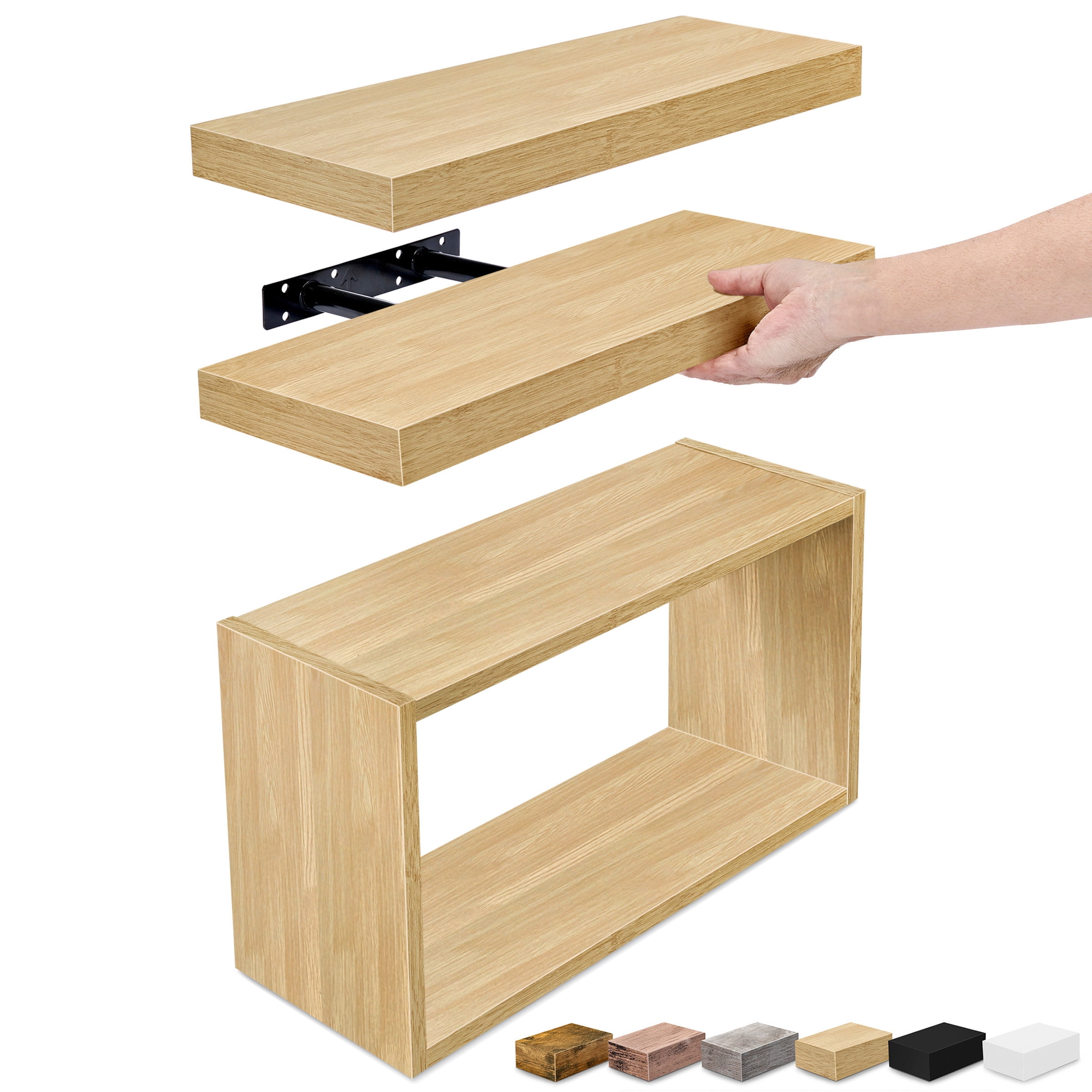 Sorbus Floating Shelves for Wall Set of 3 - Bathroom Shelves for Wall Storage, Over Toilet, Bedroom, Farmhouse, Wall Decor - 2 Floating Shelves with Invisible Brackets & 1 Rectangular Box