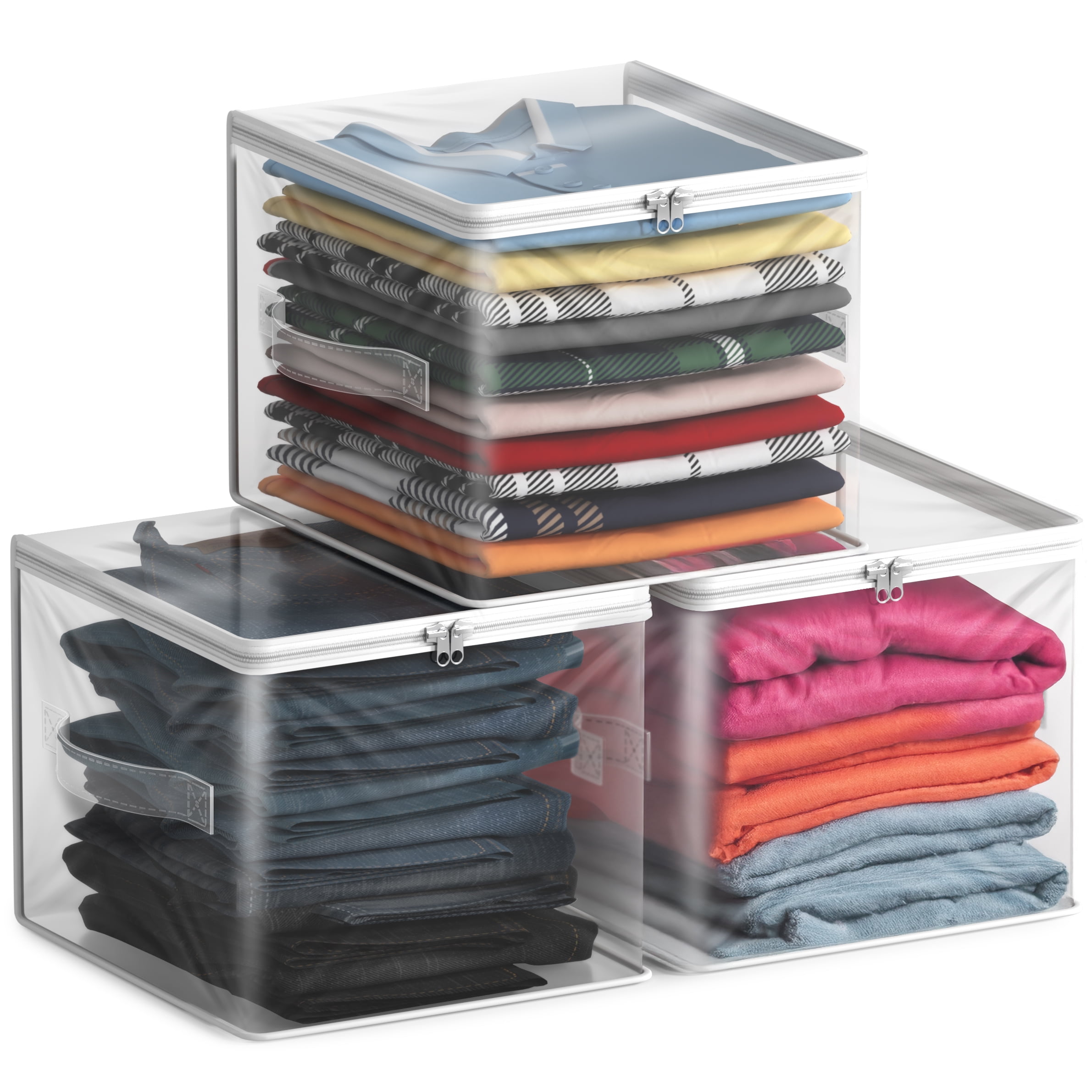 Sorbus Foldable Clear Storage Bags with Zipper & Handles, 3 Pack for Clothes & Blankets