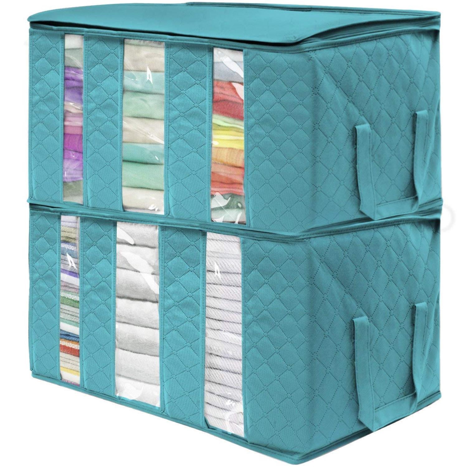 Sorbus Foldable Storage Bag Organizers, 3-Section Clothes & Blanket Storage Bins, Aqua, 2-Pack