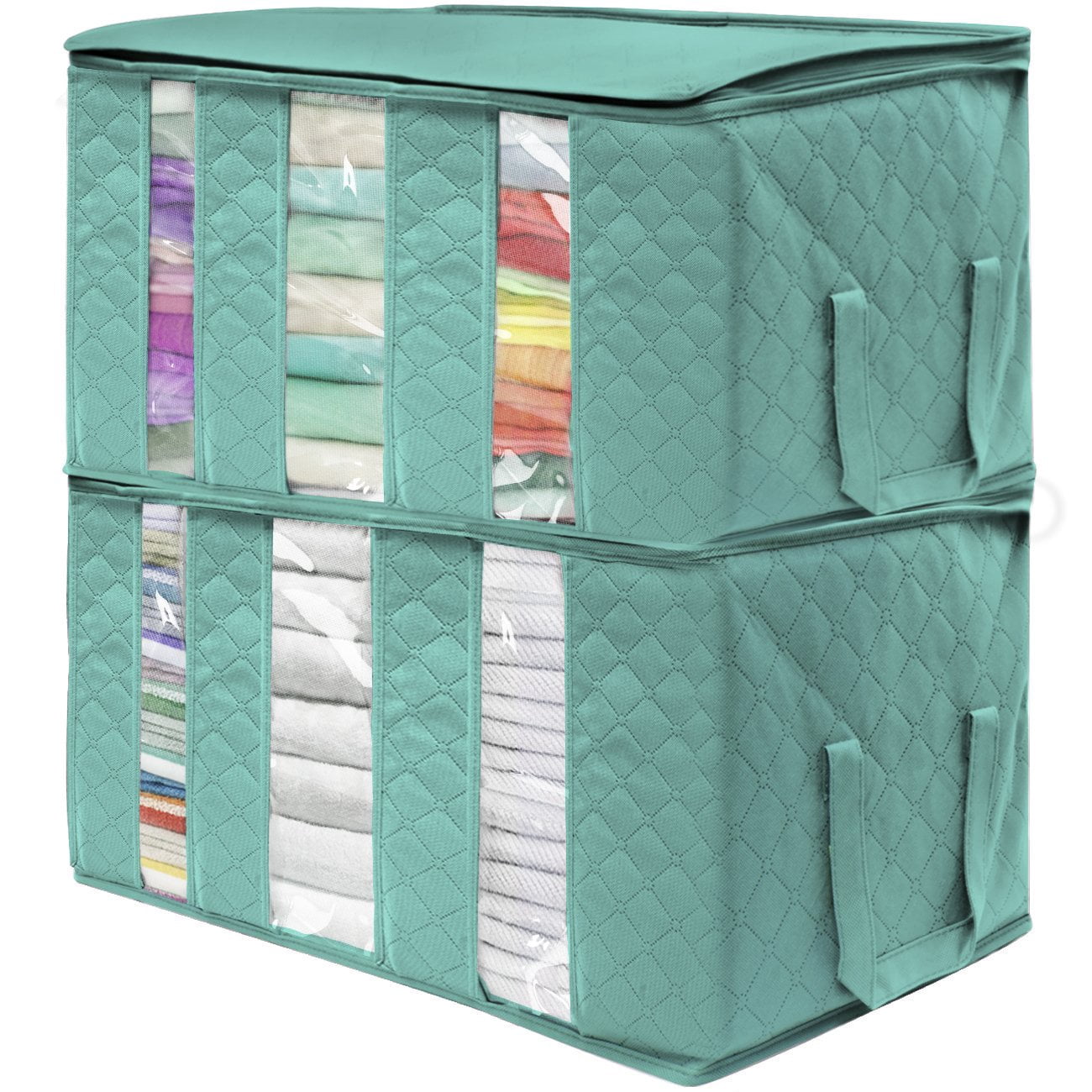 Sorbus Foldable Storage Bag Organizers, 3-Section Clothes & Blanket Storage Bins, Teal, 2-Pack
