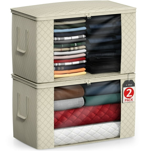 Sorbus Foldable Storage Bags with Clear Window & Zippers, Beige (2-Pack)