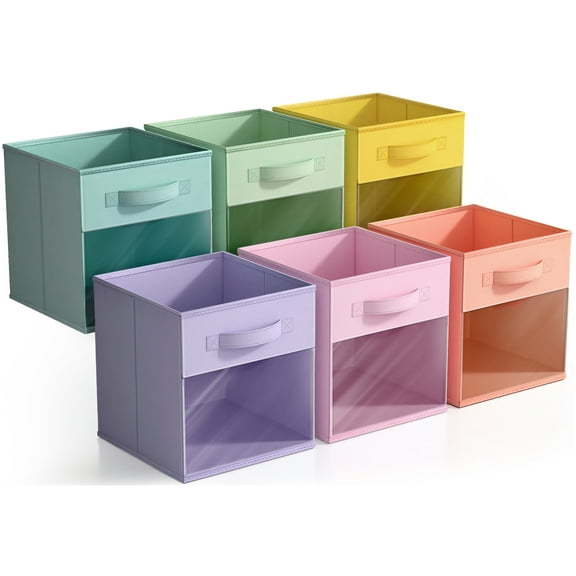 Sorbus Foldable Storage Bins – Set of 6 Fabric Cubes with Clear Window & Handles for Shelves and Closets (Pastel Color Mix)