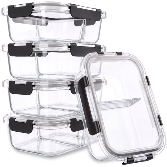 Sorbus Glass Meal Prep Containers, 5 Pack, 35 Oz, 2-Section, Airtight Lids