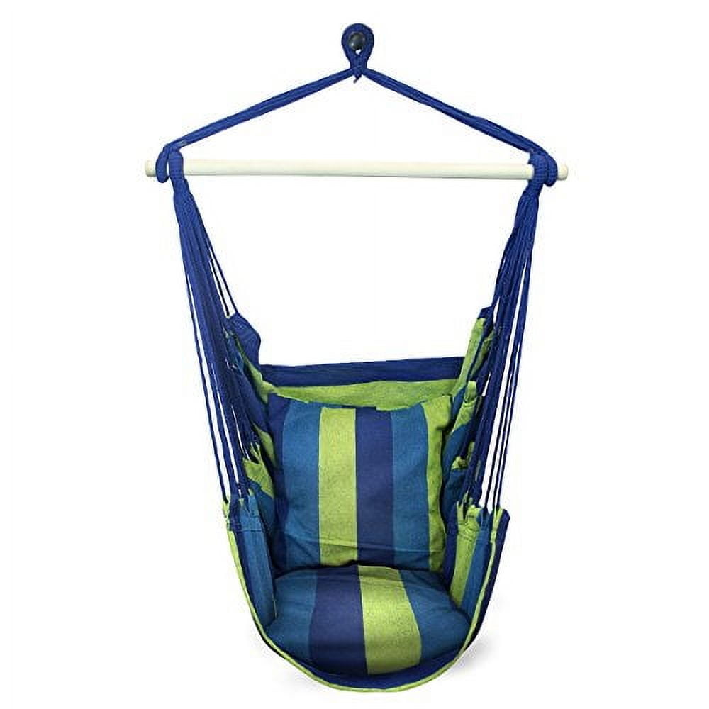 Blue and Green Striped Hanging Hammock Chair with Cushions