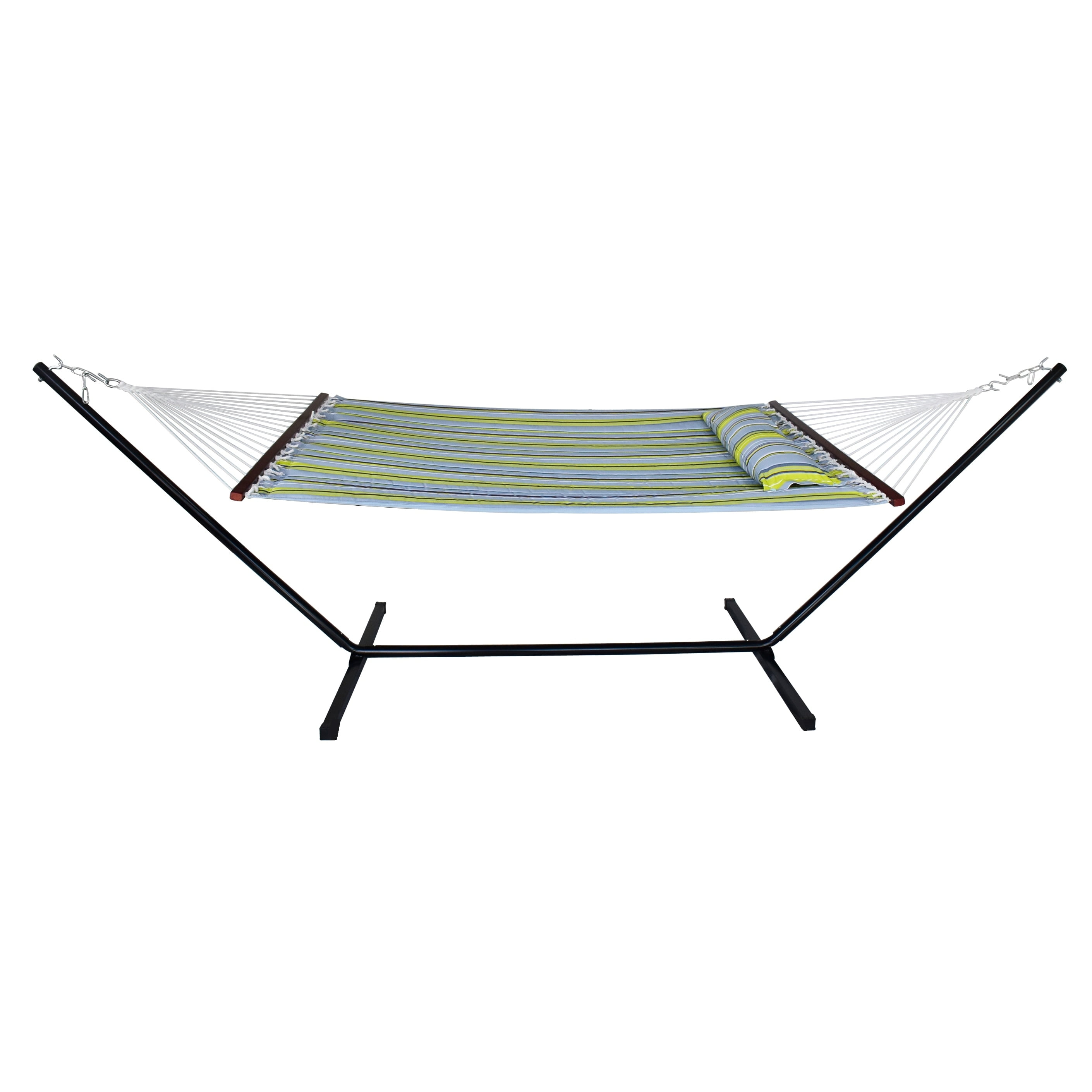 Green and Blue Quilted Fabric Hammock with Stand and Pillow