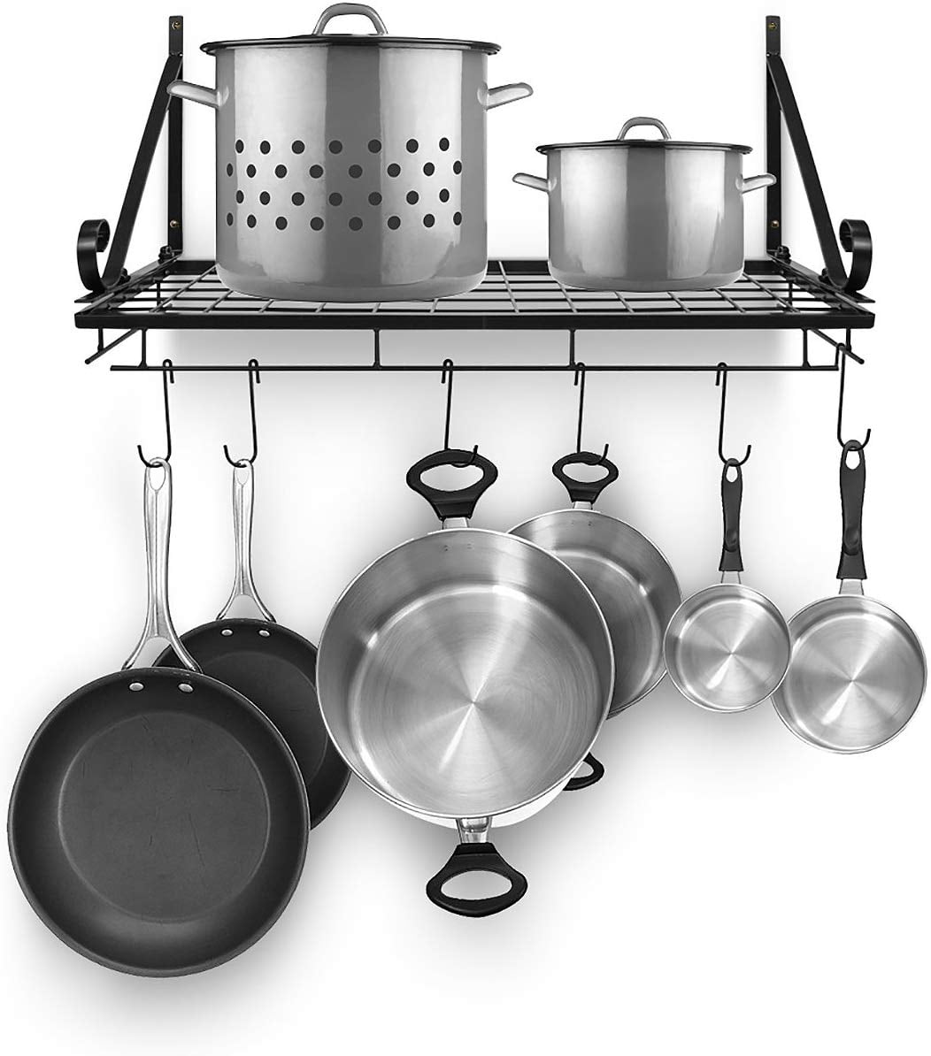 Sorbus Hanging Pot Rack with Storage Shelf, 10 Hooks for Pots, Pans and Utensils, Black