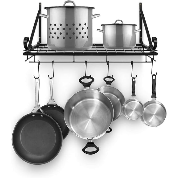 Sorbus Hanging Pot Rack with Storage Shelf, 10 Hooks for Pots, Pans and Utensils, Black