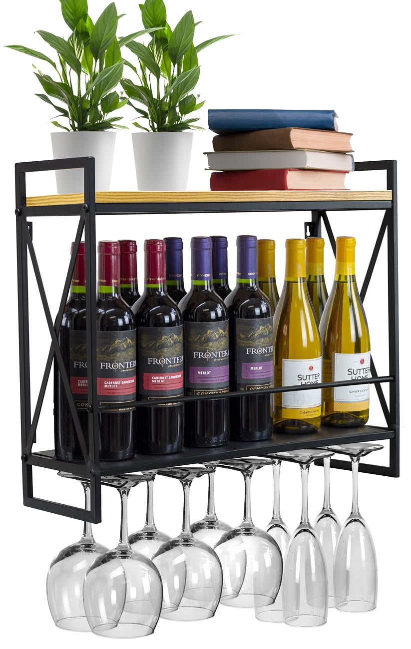 Elegant 2-Tier Black Melamine & Steel Wine Rack with Glass Holder