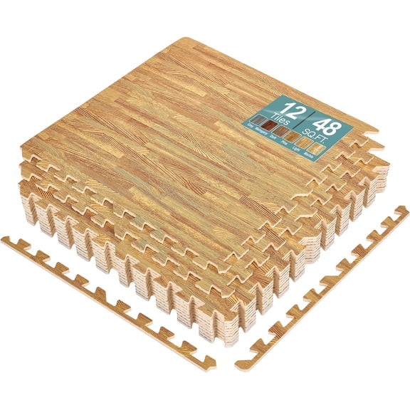 Sorbus 24" x 24" Wood Grain Light Foam Interlocking Floor Mats, 12 Piece